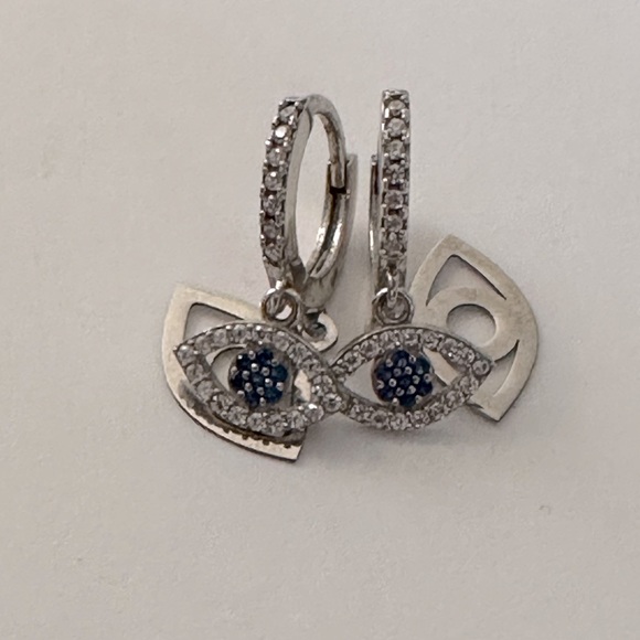 925 Silver double evileye cz stones hoops earrings - Picture 3 of 8